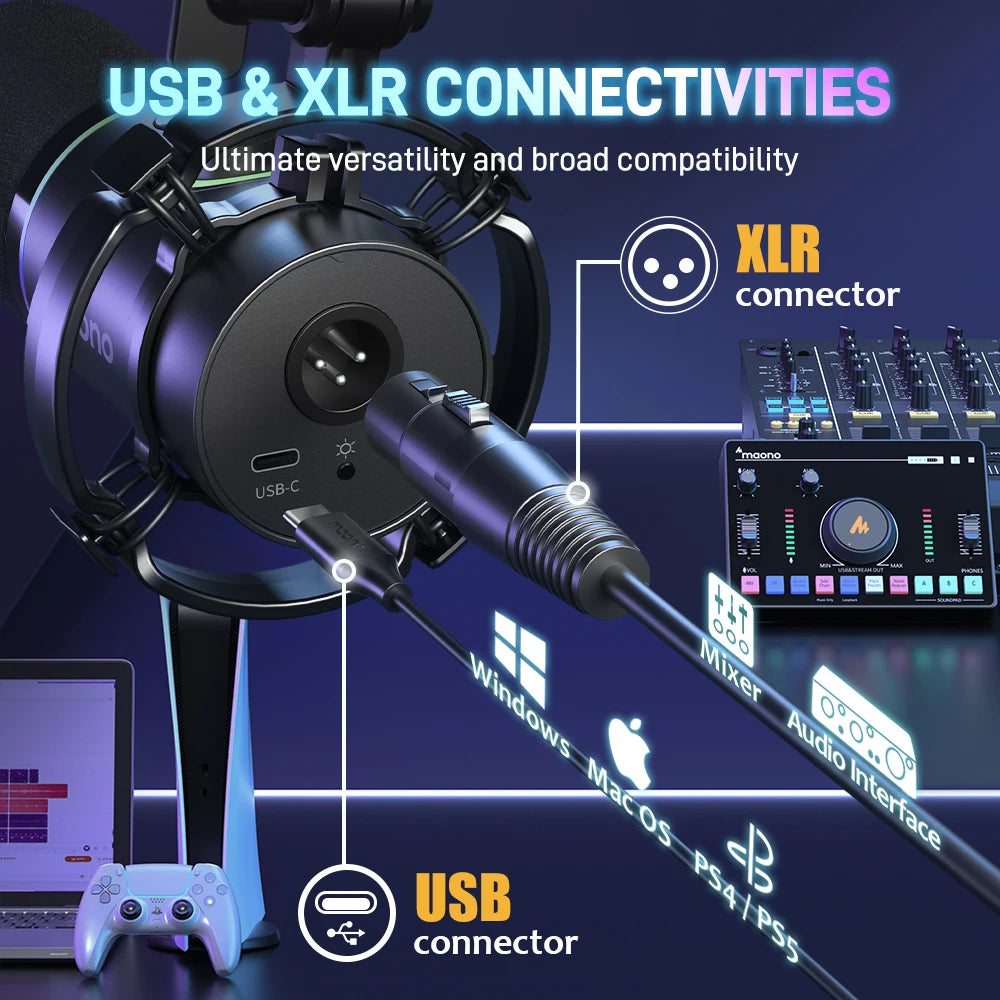maono PD200X XLR\USB Dynamic Microphone for Gaming Recording Streaming Youtube Metal Mic with Software Tap-to-Mute Gain Knob