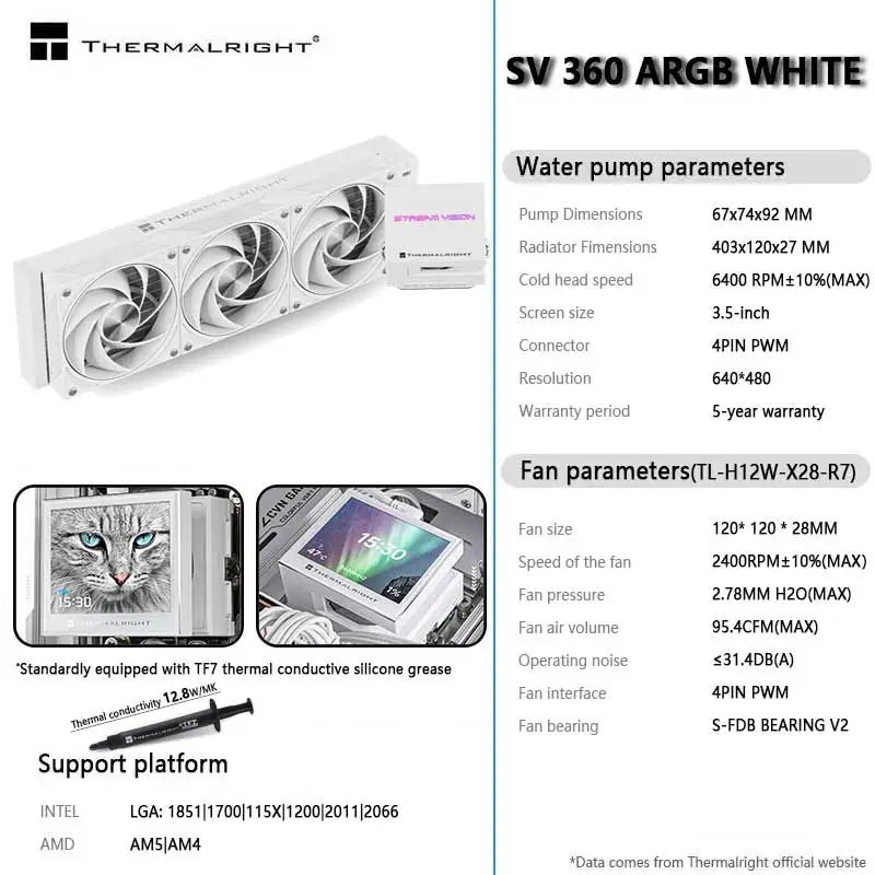 Thermalright STREAM VISION 360 360MM All-in-One Liquid Cooler Magnetic Cold Head Screen 3.5-inch IPS LCD display  Water Cooling