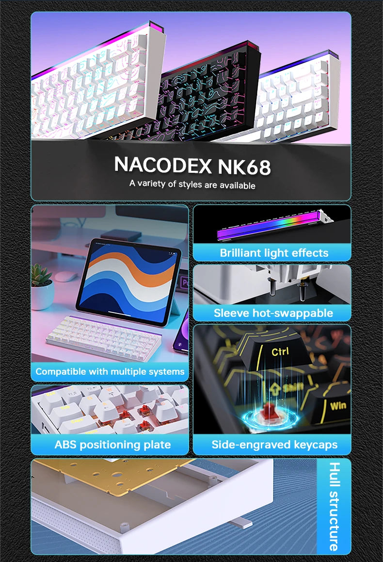 Ajazz NK68 Mechanical Gaming Keyboard full keys Hot-swappable LED strip 68 keycaps wired connection red switches