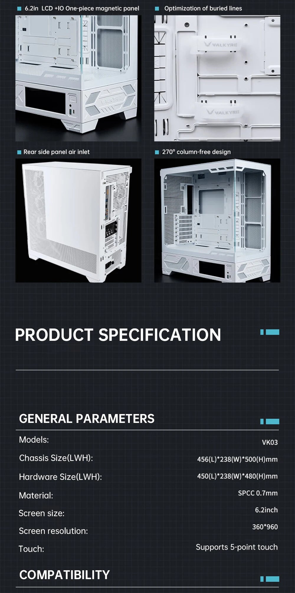 VALKYRIE PC Case VK03 ATX Gaming Desktop 6.2 in Touchscreen Removable 270° Sea View Room Supports 360 Water Cooled Computer Case