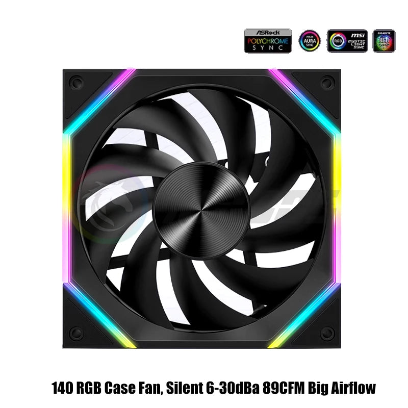 140 RGB Case Fan, 14025 Silent 6-30dBa 89CFM Big Airflow, 14CM Cabinet Cooler Support 5V ARGB SYNC, Forward Or Reverse Blades
