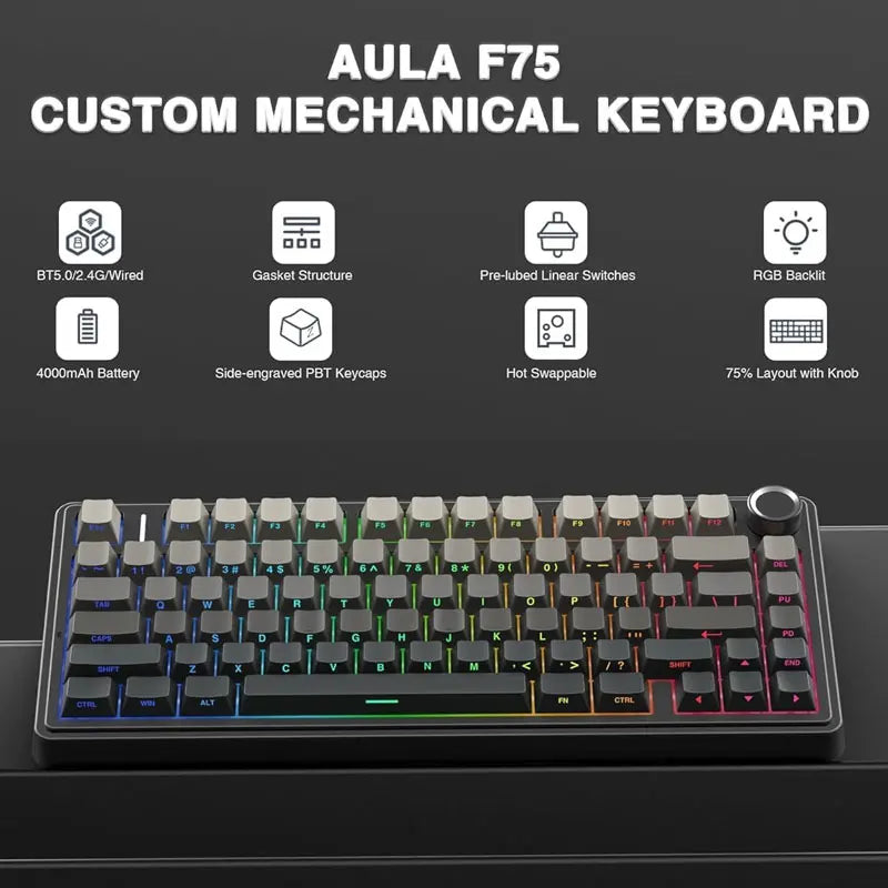 AULA F75 Wireless Game Mechanical Keyboard RGB Customized 75% Layout Side-engraving Gasket Mounted PBT Gradient Keycaps Keyboard