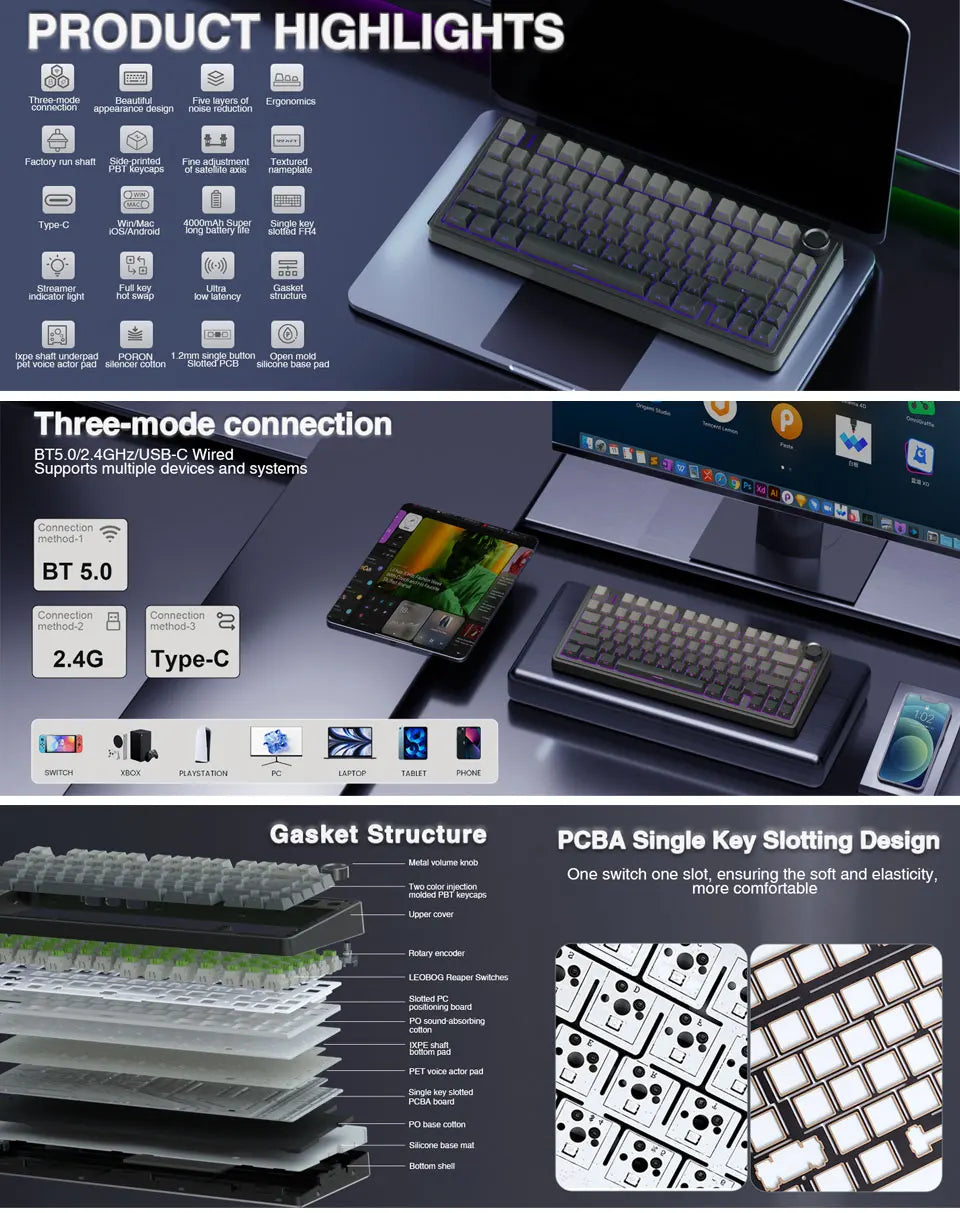 AULA F75 Gaming Mechanical Keyboard RGB Customized 75% Layout Side-engraving Gasket Mounted 80keys PBT Gradient Keycaps keyboard