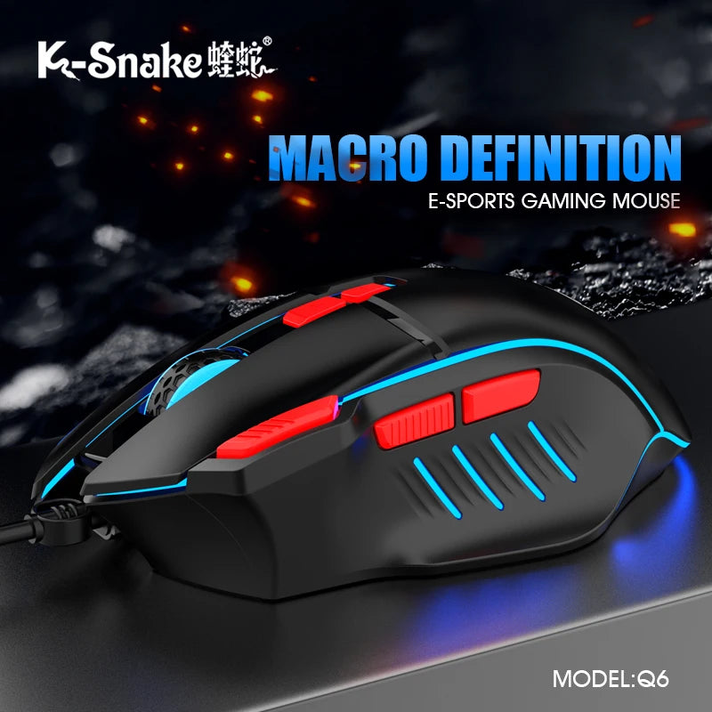 K-Snake Q6 Wired USB Gaming Mouse Desktop PC/Notebook Home Office Glow 8 Button Mouse 7200DPI Macro Programming