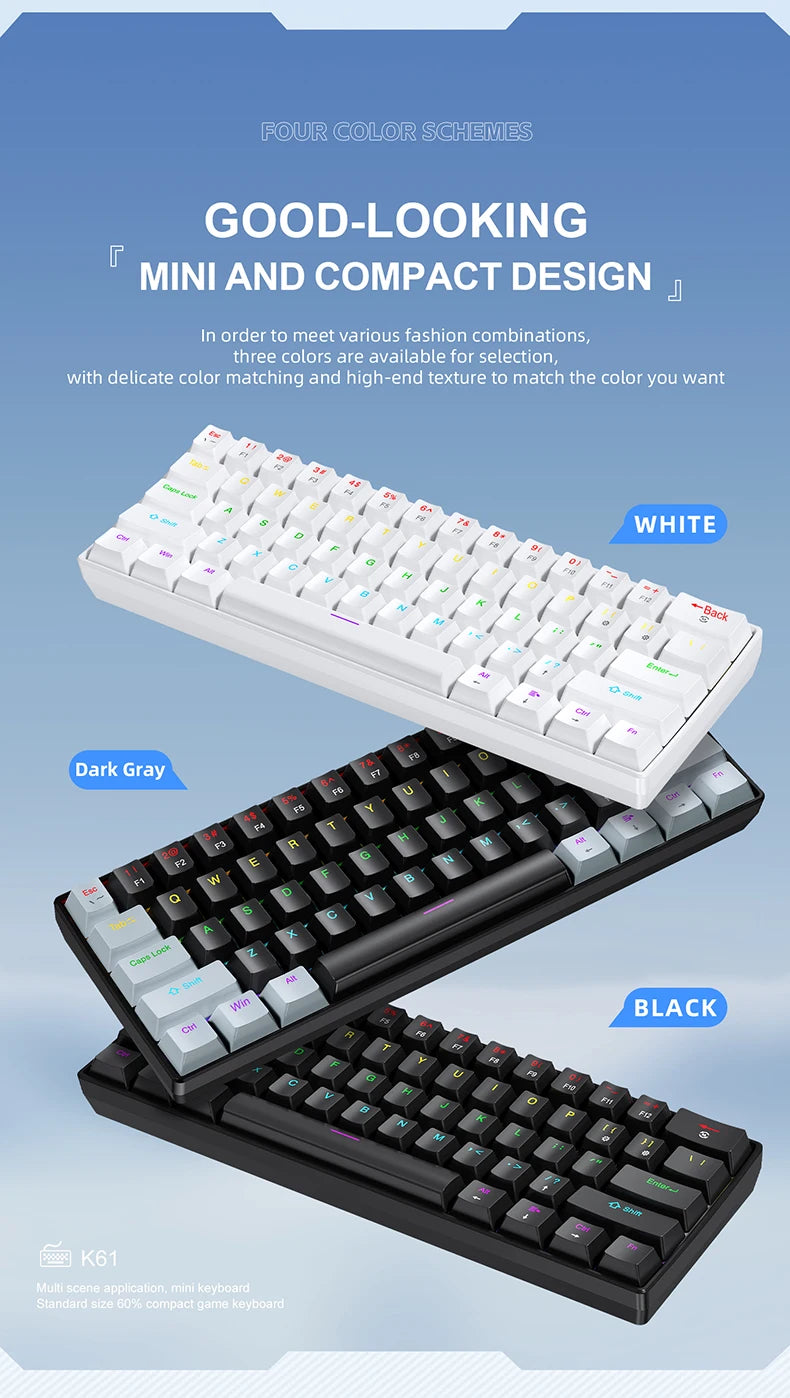 APAYADO K61 Mini Mechanical Keyboard,Wired,61 Keys,Phantom RGB, Black/White Red/Blue Mechanical Switch for Gaming,60% Portable