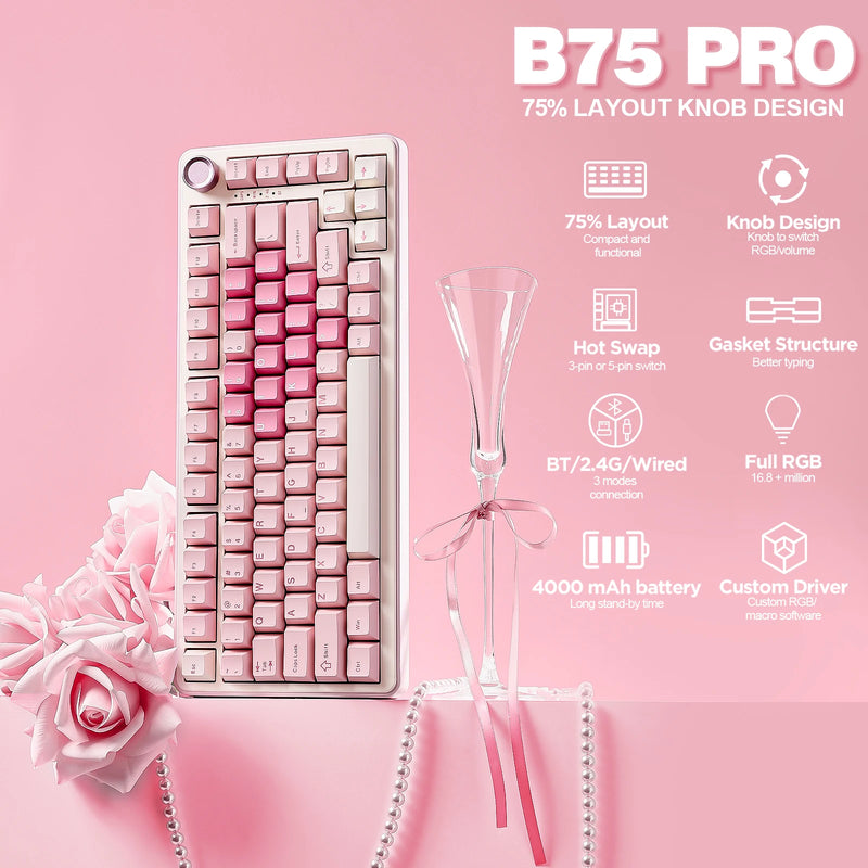 YUNZII B75 PRO Pink Mechanical Gaming Keyboard, Bluetooth/Wire/Wireless 75 Knob RGB Keyboard, Gasket Hot-Swap Custom Creamy Keeb