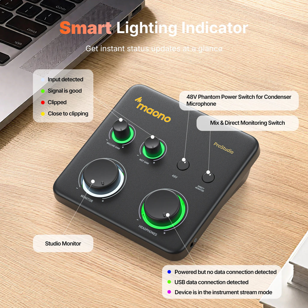 MAONO PS22 Lite USB Audio Interface for PC XLR Input Portable Recording Streaming Equipment Sound Card for Music Guitar DAW