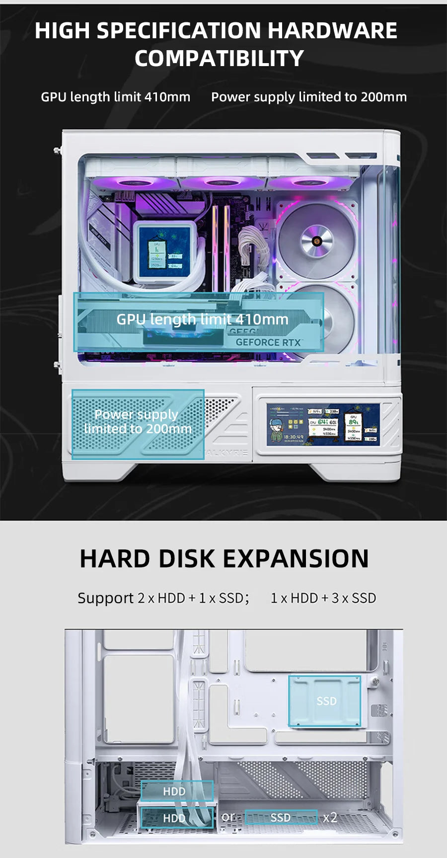 VALKYRIE M-ATX PC Case Gaming Desktop Case VK03-M LCD Supports 360 Water Cooling 6.2-inch Touchscreen Glass 270° Sea View Room