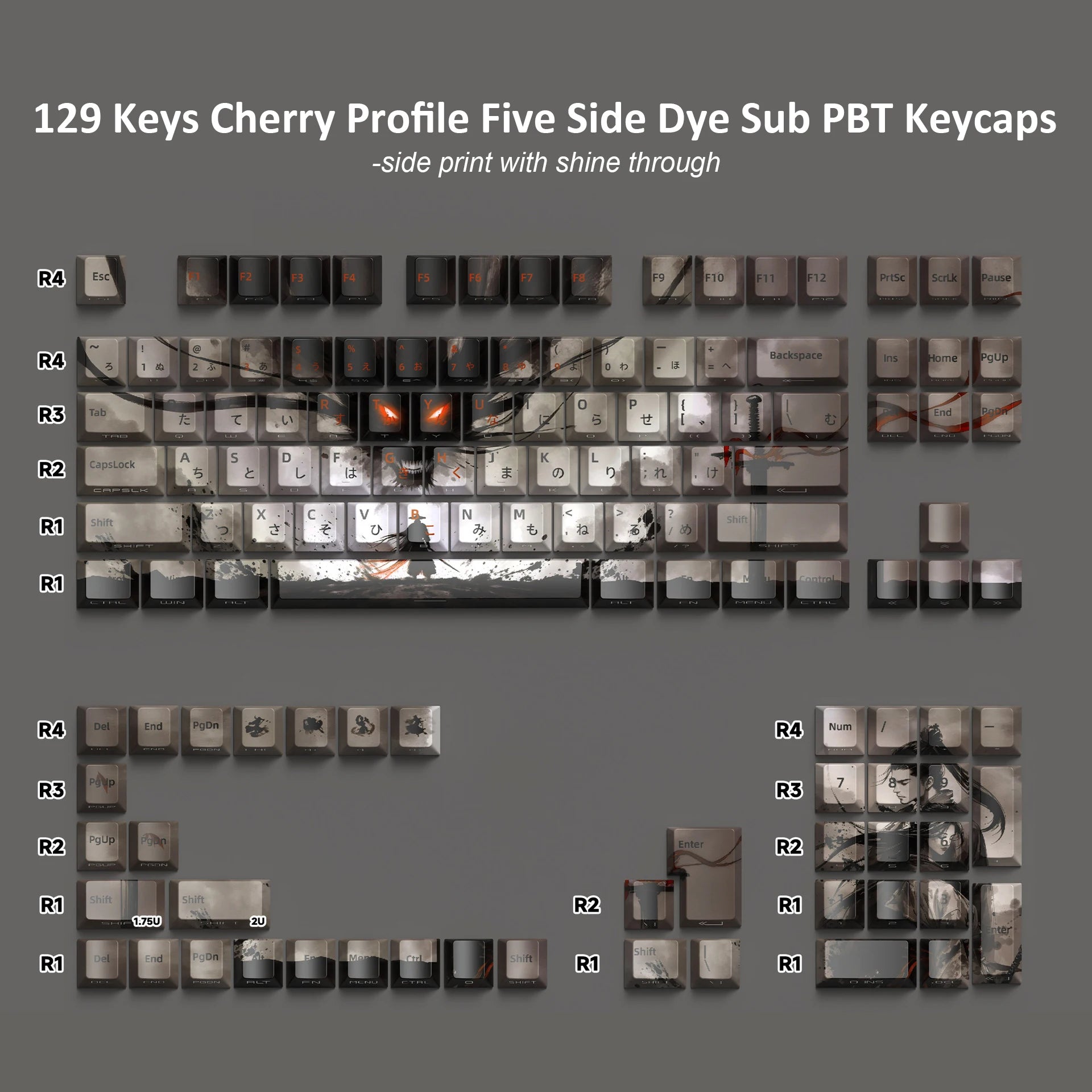 129 Keys Swordsman 5 Sides Dye Sub PBT Keycap Cherry Profile Side Printed Shine Through Keycaps for MX Switches Gaming Keyboard