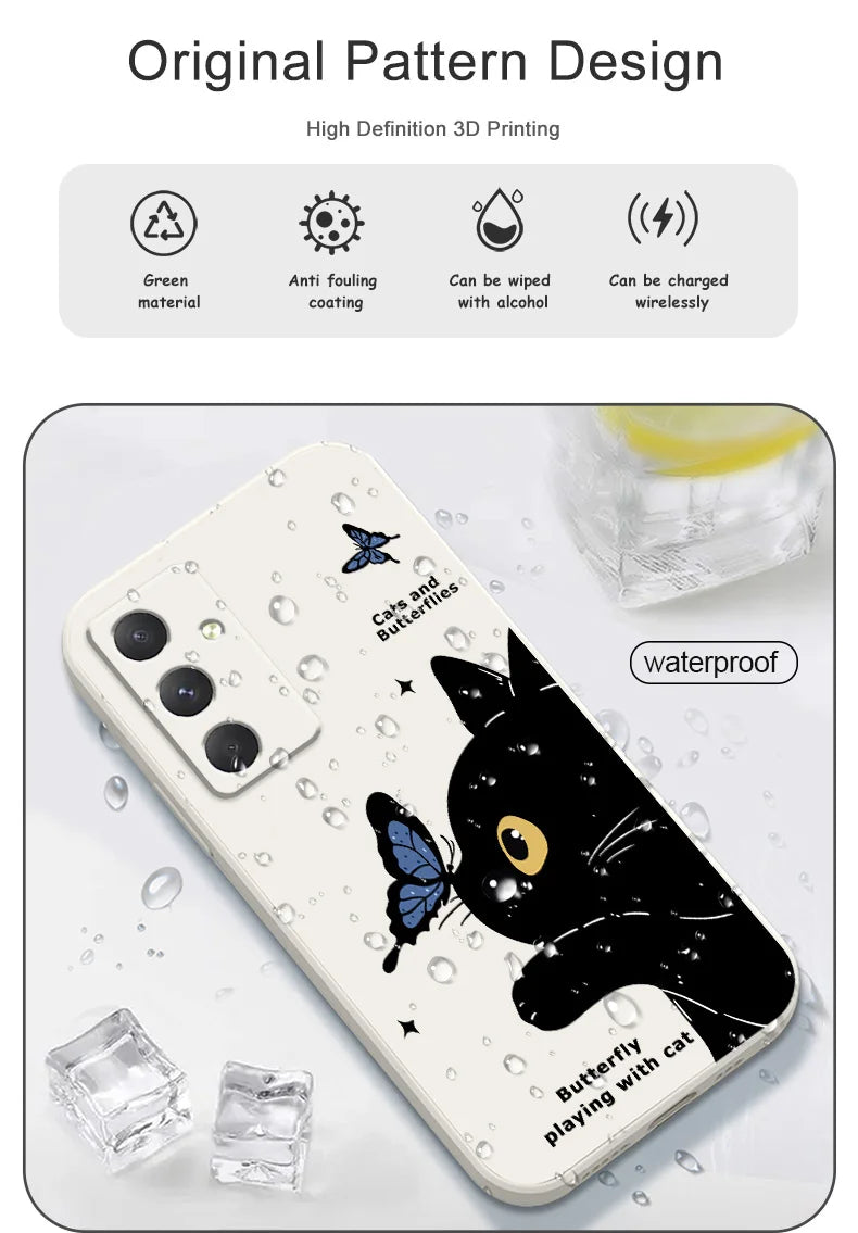 Cat Butterfly Phone Case For Samsung Galaxy A55 A35 A25 A15 A16 A06 A05 A05S A54 A34 A24 A14 A04 A04S A04E 4G 5G Cover
