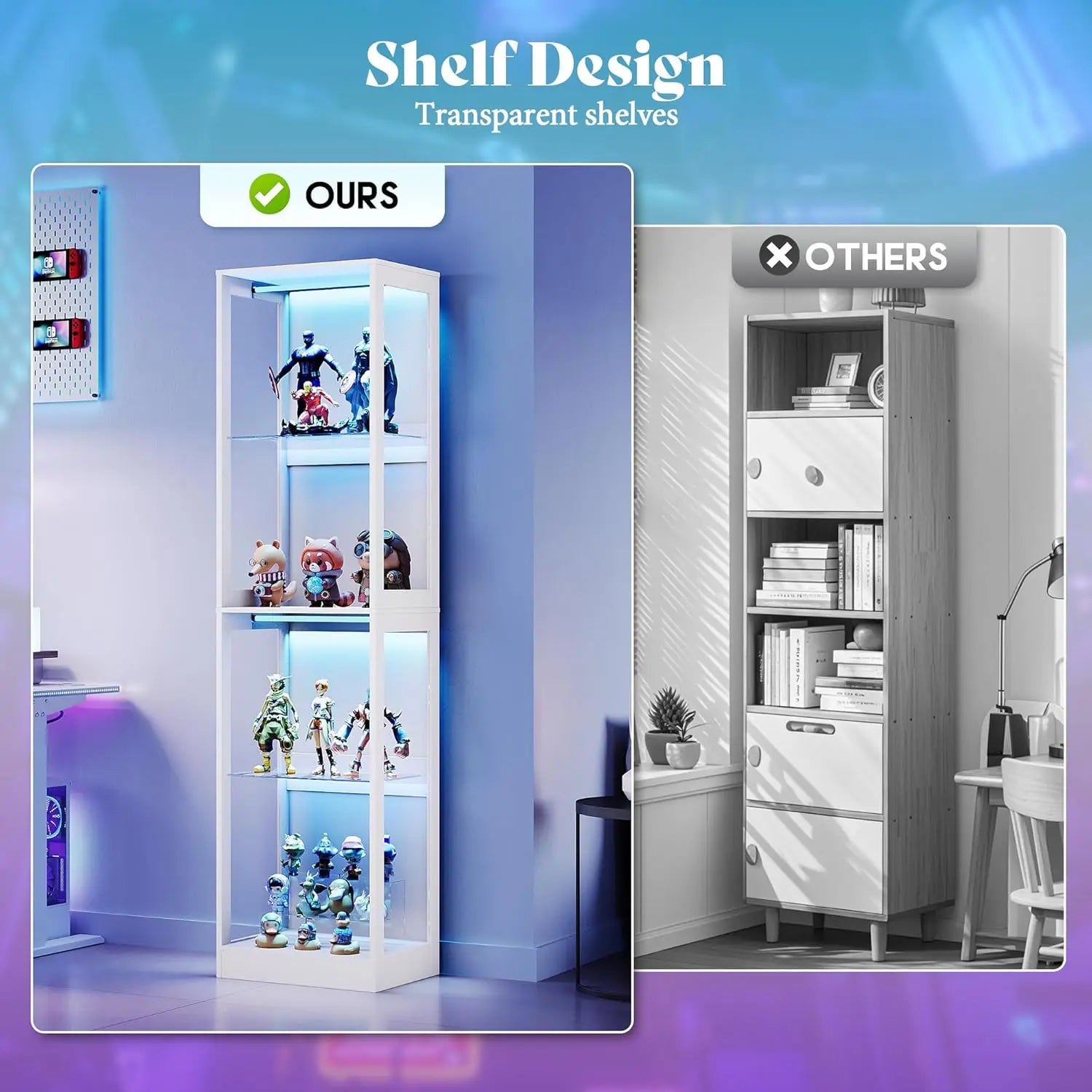 RGB Display Cabinet with Adjustable Shelves, 4-Tier Storage Case with LED Lights, Modern Display Shelf for, Customized