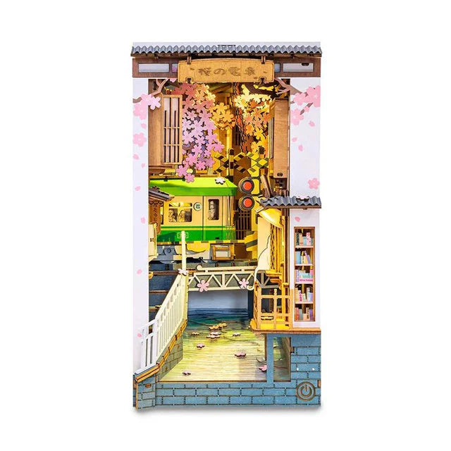 Robotime Sakura Densya Japan Book Nook Kit Glue-Free DIY Miniature House Model Kits  3D Wooden Puzzle Dust Cover Bookshelf Decoration Gift