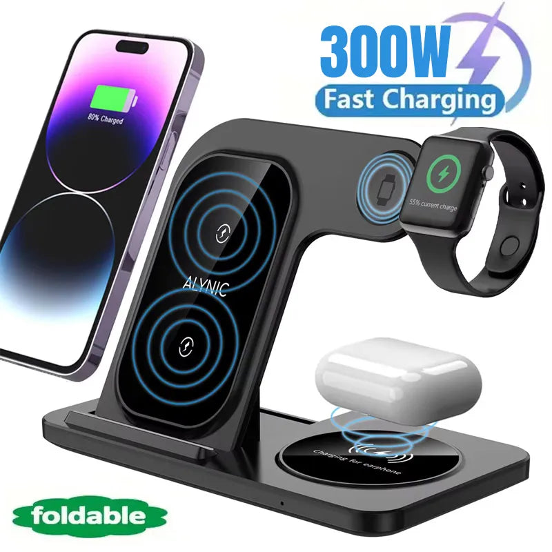 300W Fast Wireless Charger Stand Pad Foldable Fast Charging Station Dock for iPhone 16 15 14 13 12 Pro Max Apple Watch Airpods