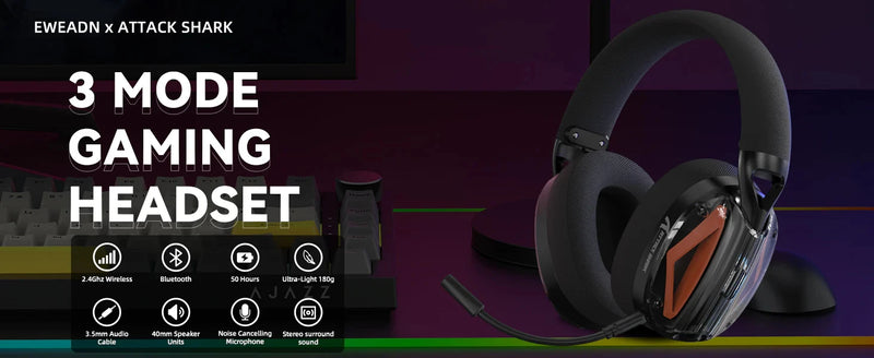 ATTACK SHARK L60 Ultra-Light Tri-Mode Gaming Headset Ultra-Light Tri-Mode Wireless Gaming Headset for PC/PS4/Xbox