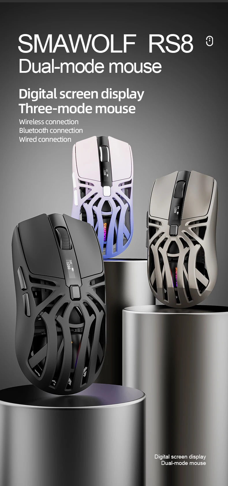 SmailWolf RS8 Bluetooth wireless 2.4g gaming mouse triple-mode lightweight e-sports gaming 1K return rate 10000DPI computer