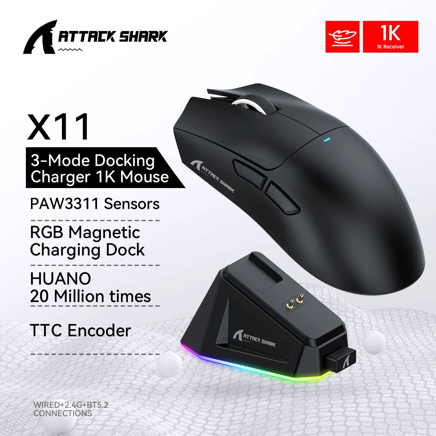 Attack Shark X11 Ultralight | Wireless Gaming Mouse | PAW3311, RGB Magnetic Dock & Tri-Mode
