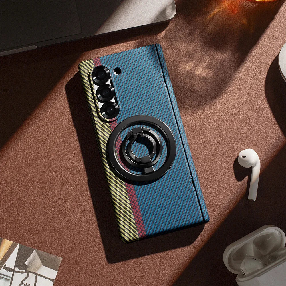 Carbon Fiber Magnetic Ring Holder Stand Case For Samsung Galaxy Z Fold 7 6 5 With Screen Glass Film Fold6 Hinge Protective Cover