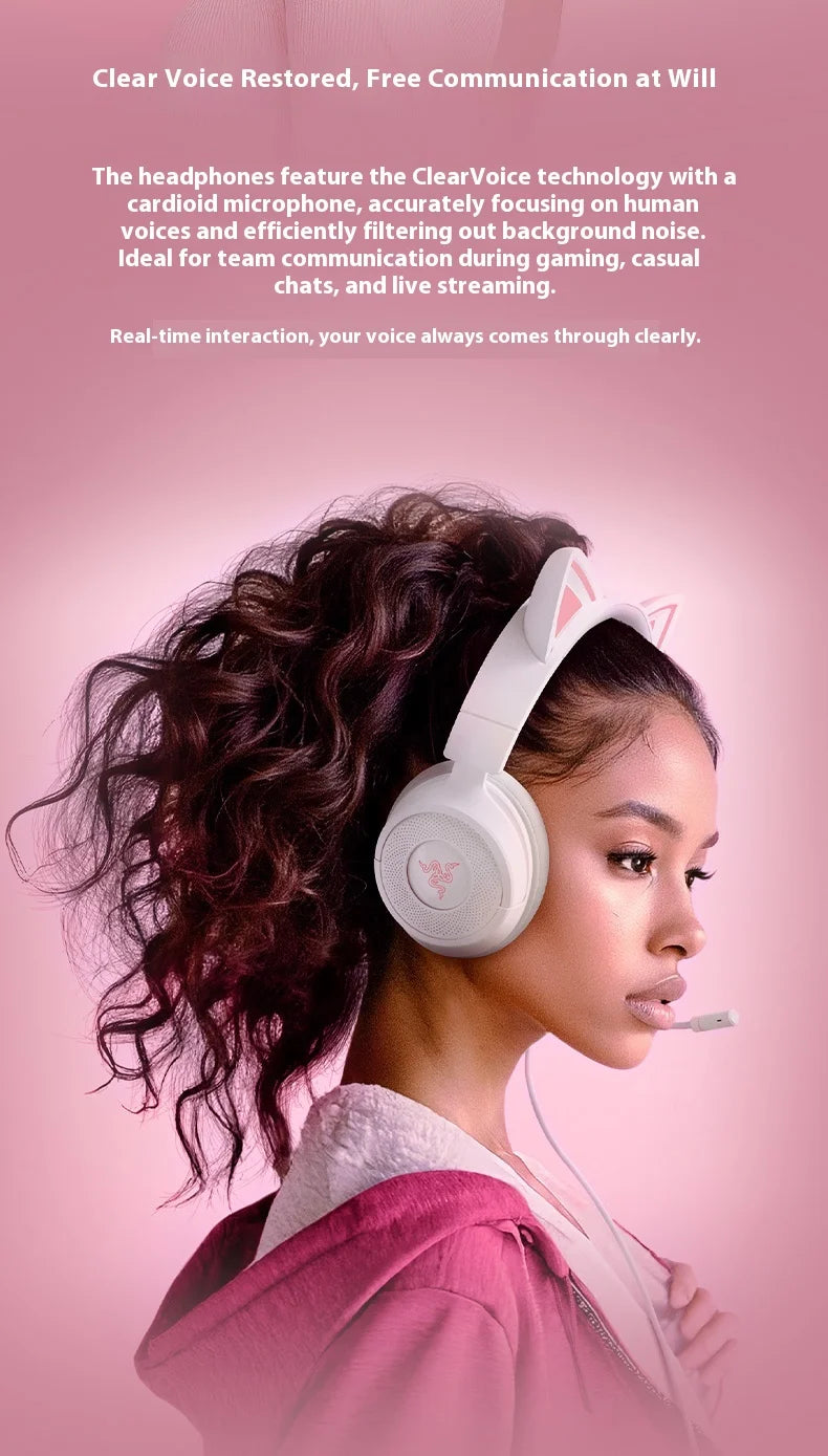 Razer Kraken Kitty V3 X Wired Headphones With Mic Head Mounted Esports Gaming Earphone Triforce Lightweight Headsets PC Laptop