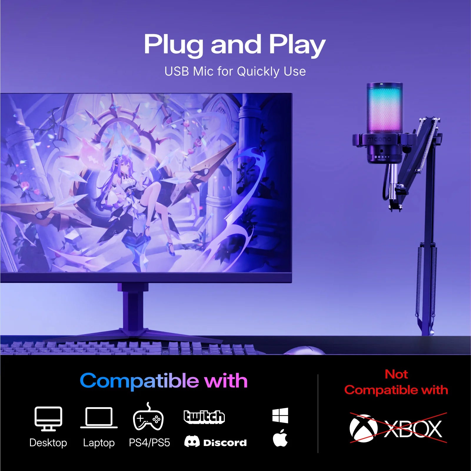 MAONO DGM20S Gaming Microphone USB Condenser Microphone with RGB Light Noise Cancellation Boom Arm for Live Streaming Podcast