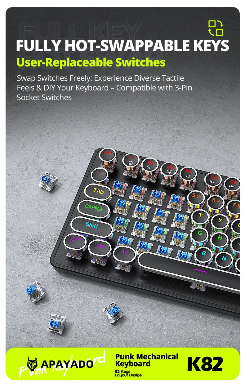 APAYADO K82 Wired Steampunk Mechanical Keyboard 75% Compact 82-Key Hot-Swappable RGB Retro Gaming Keyboard Multifunctional Knob