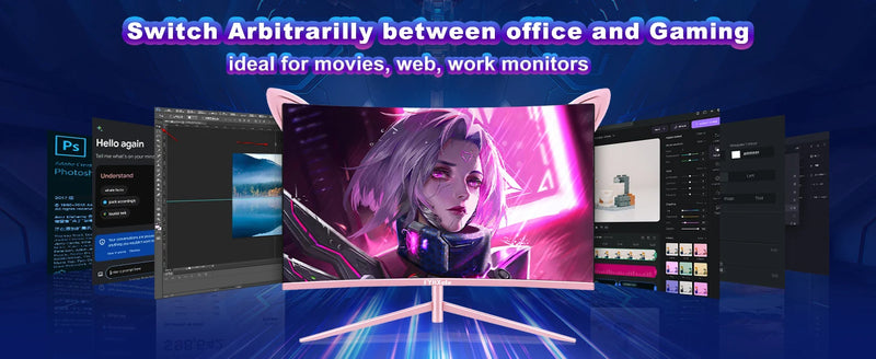 27inch Curved Pink Monitor QHD 165hz 1800R Gaming Display HDR10 Free-Sync Desktop Screen 1ms GTG  With Speakers Tilt Adjustable