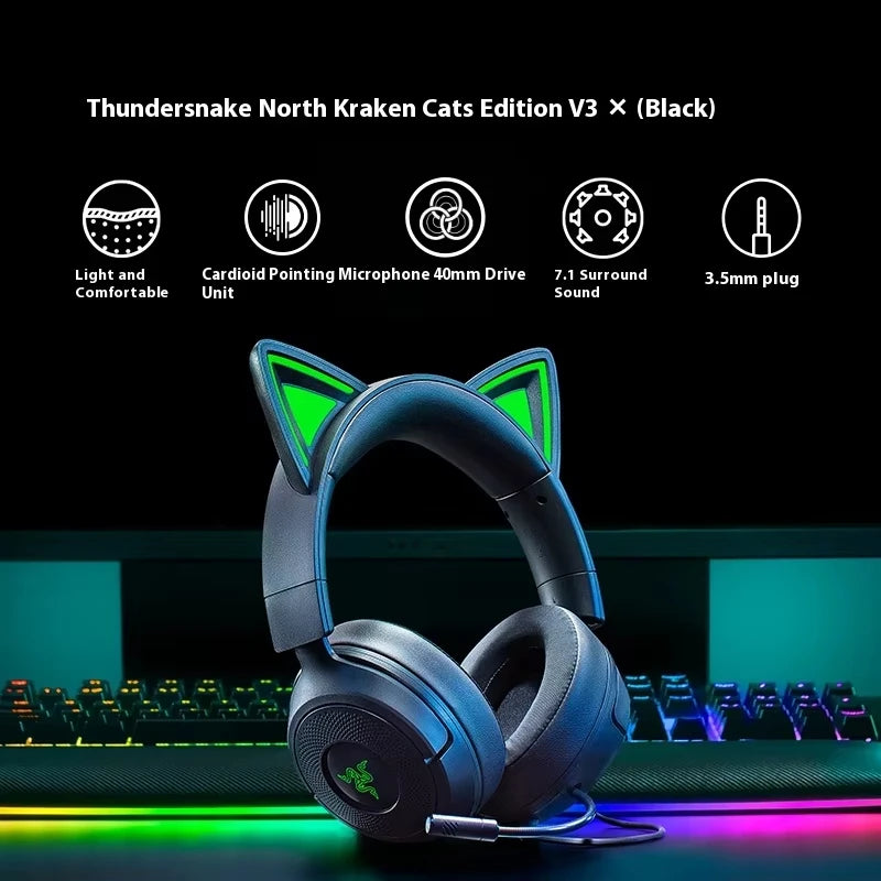 Razer Kraken Kitty V3 X Wired Headphones With Mic Head Mounted Esports Gaming Earphone Triforce Lightweight Headsets PC Laptop