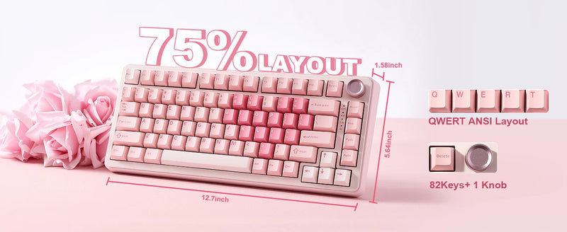 YUNZII B75 PRO Pink Mechanical Gaming Keyboard, Bluetooth/Wire/Wireless 75 Knob RGB Keyboard, Gasket Hot-Swap Custom Creamy Keeb