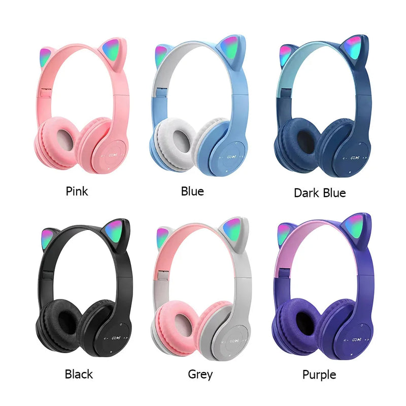 Wireless Headphones Cat Ear Bluetooth-Compatible Helmets Glow Light Over-Ear Headsets Cute Sports Headphones for Kids and Adult