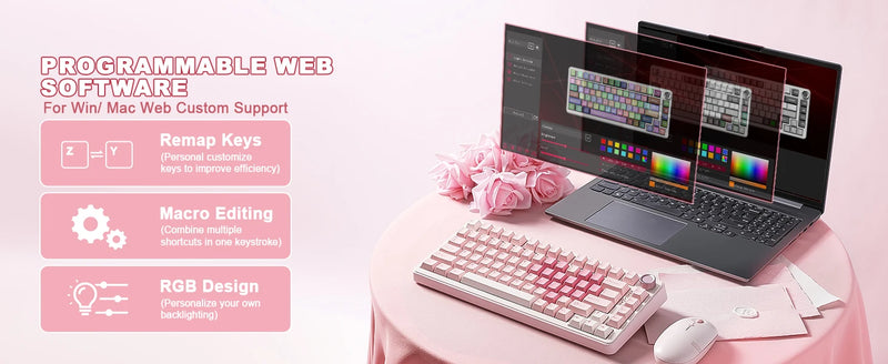 YUNZII B75 PRO Pink Mechanical Gaming Keyboard, Bluetooth/Wire/Wireless 75 Knob RGB Keyboard, Gasket Hot-Swap Custom Creamy Keeb