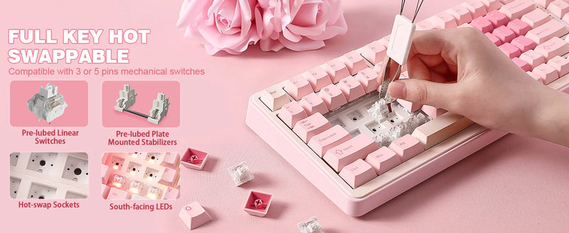 YUNZII B75 PRO Pink Mechanical Gaming Keyboard, Bluetooth/Wire/Wireless 75 Knob RGB Keyboard, Gasket Hot-Swap Custom Creamy Keeb