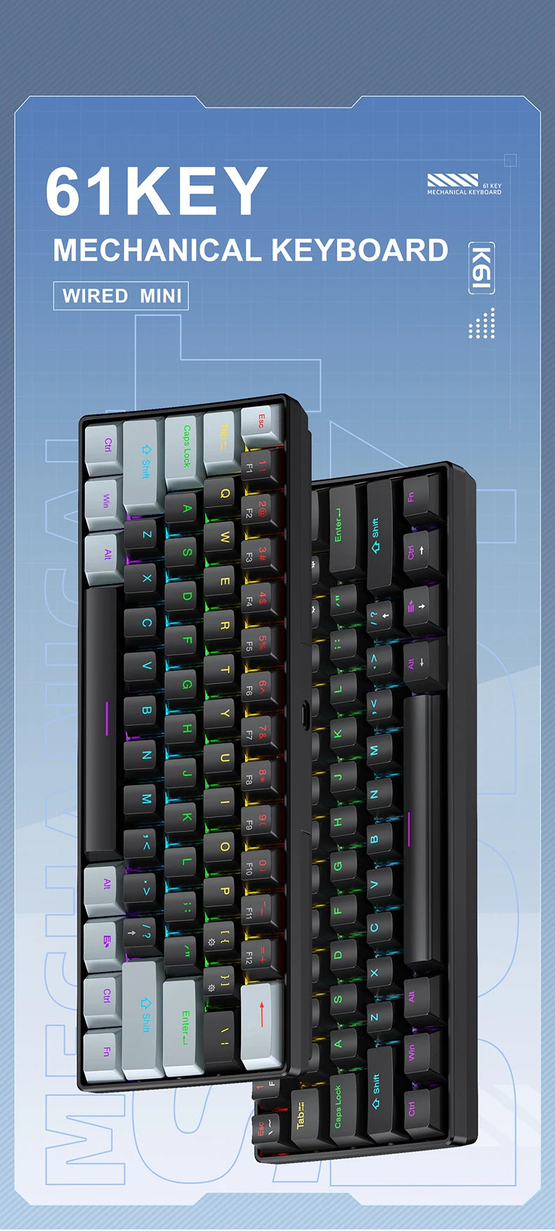 APAYADO K61 Mini Mechanical Keyboard,Wired,61 Keys,Phantom RGB, Black/White Red/Blue Mechanical Switch for Gaming,60% Portable