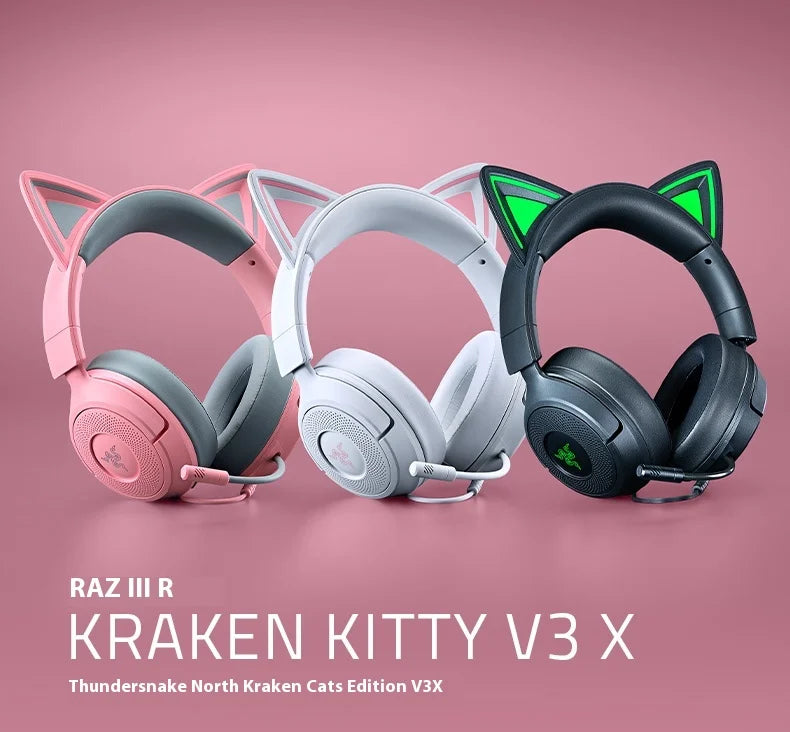 Razer Kraken Kitty V3 X Wired Headphones With Mic Head Mounted Esports Gaming Earphone Triforce Lightweight Headsets PC Laptop