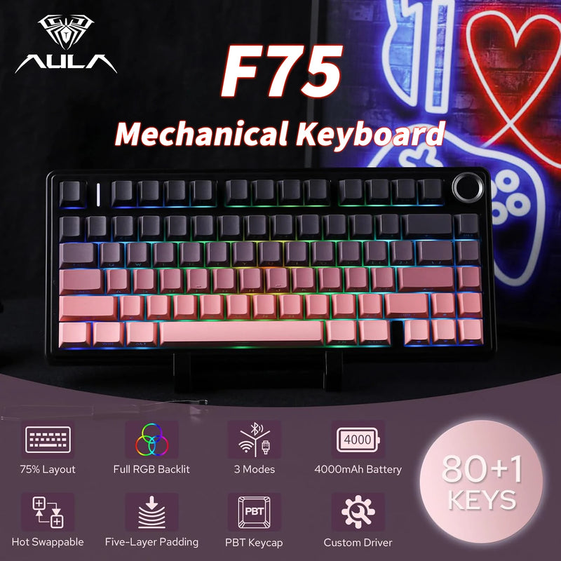 AULA F75 Wireless Game Mechanical Keyboard RGB Customized 75% Layout Side-engraving Gasket Mounted PBT Gradient Keycaps Keyboard