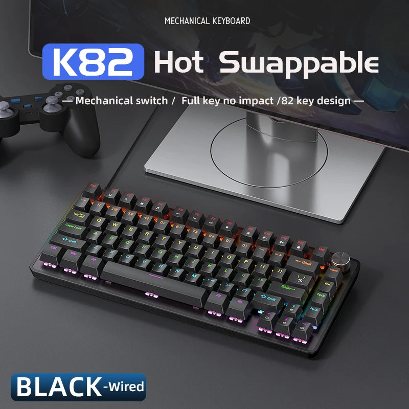 APAYADO K82 Wired Steampunk Mechanical Keyboard 75% Compact 82-Key Hot-Swappable RGB Retro Gaming Keyboard Multifunctional Knob