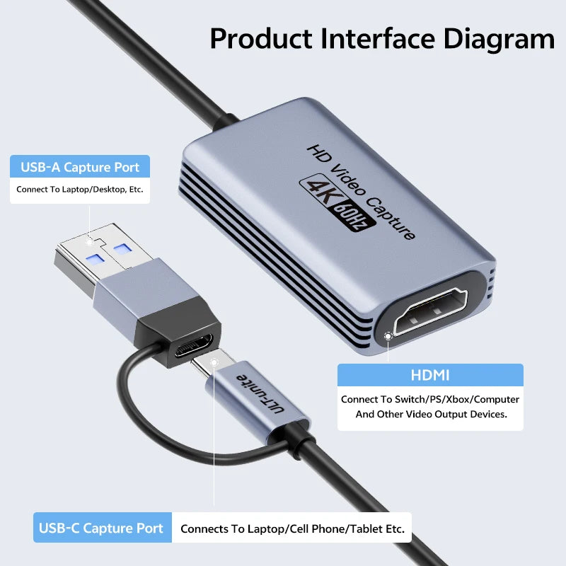 4K Video Capture Card MS2130S HDMI to USB-A/USB-C USB3.0 Capture Video and Audio Recording for OBS Studio PotPlayer QT Player