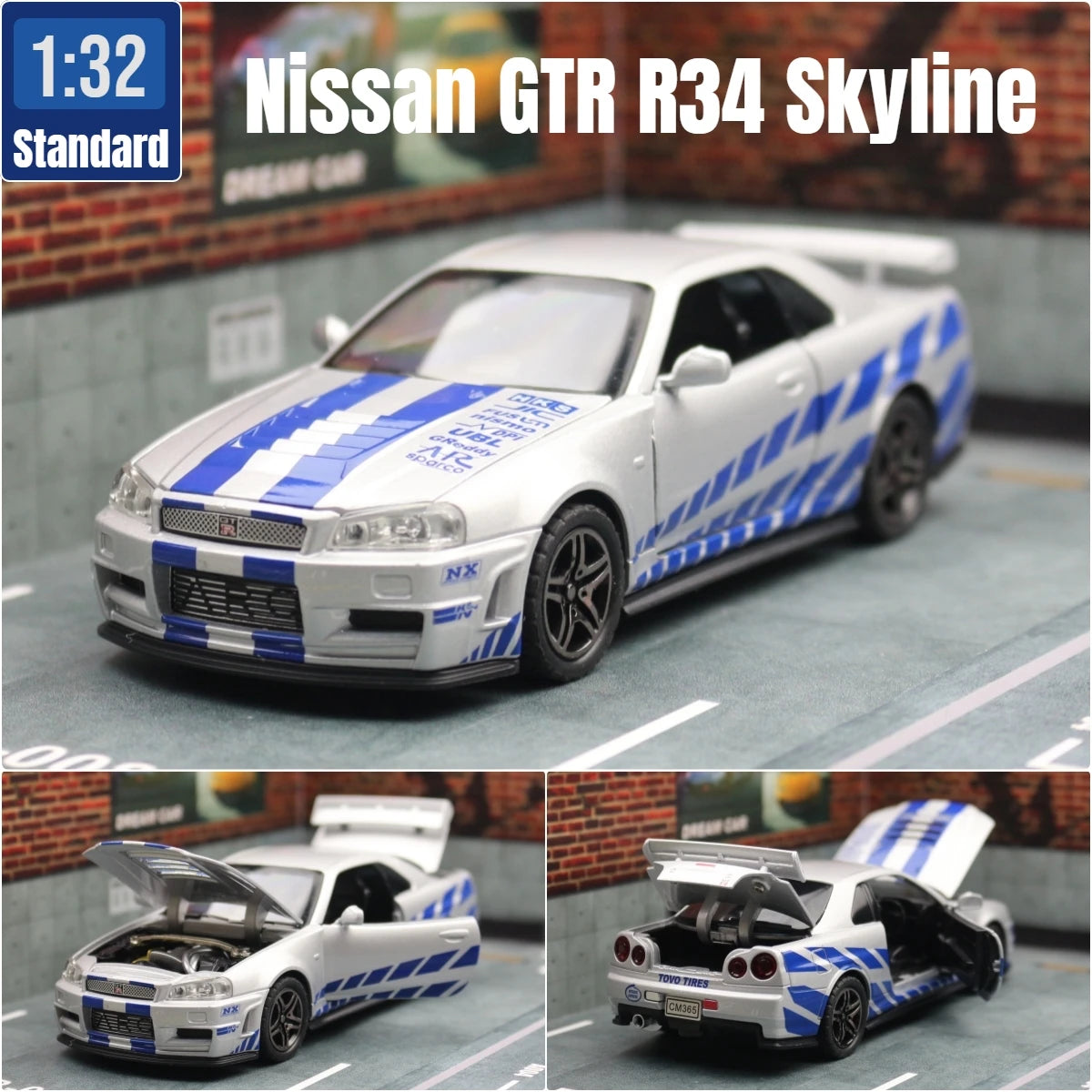 1/32 Nissan Skyline GTR R34 JDM Toy Car Model Diecast Vehicle Miniature Sound & Light Pull Back Collection Gift Children Boy