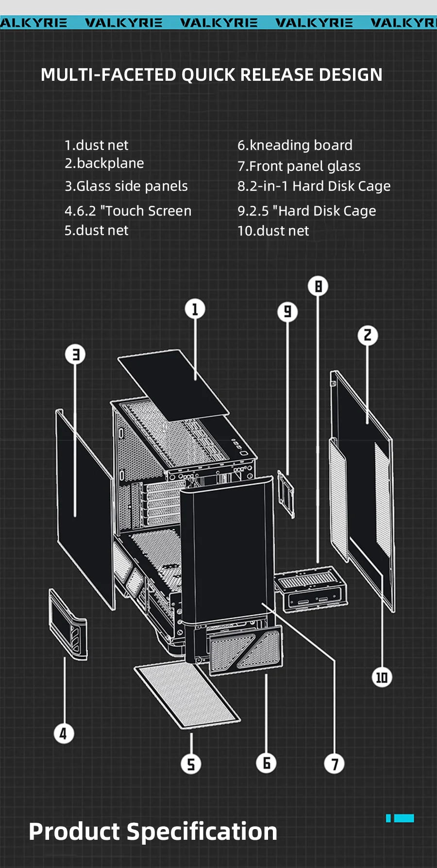 VALKYRIE M-ATX PC Case Gaming Desktop Case VK03-M LCD Supports 360 Water Cooling 6.2-inch Touchscreen Glass 270° Sea View Room