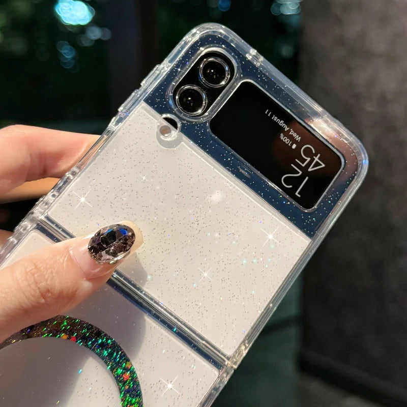 Transparent Glitter Magnetic Phone Cover For Samsung Z Flip7 5 Wireless Charge Cases For Galaxy Z Flip 6 flip4 zflip3 Bling Case