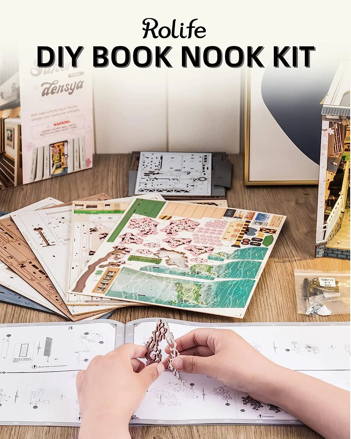 Robotime Sakura Densya Japan Book Nook Kit Glue-Free DIY Miniature House Model Kits  3D Wooden Puzzle Dust Cover Bookshelf Decoration Gift
