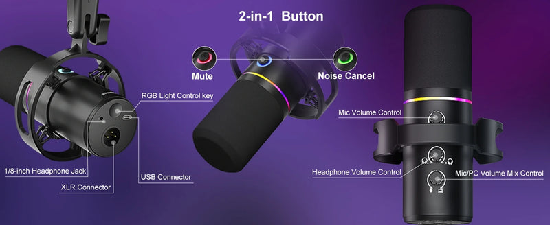 XLR/USB Dynamic Microphone Kit, PC Microphone for Streaming, Podcasting, Gaming, RGB, Mute and Noise Cancelling Function, Volume