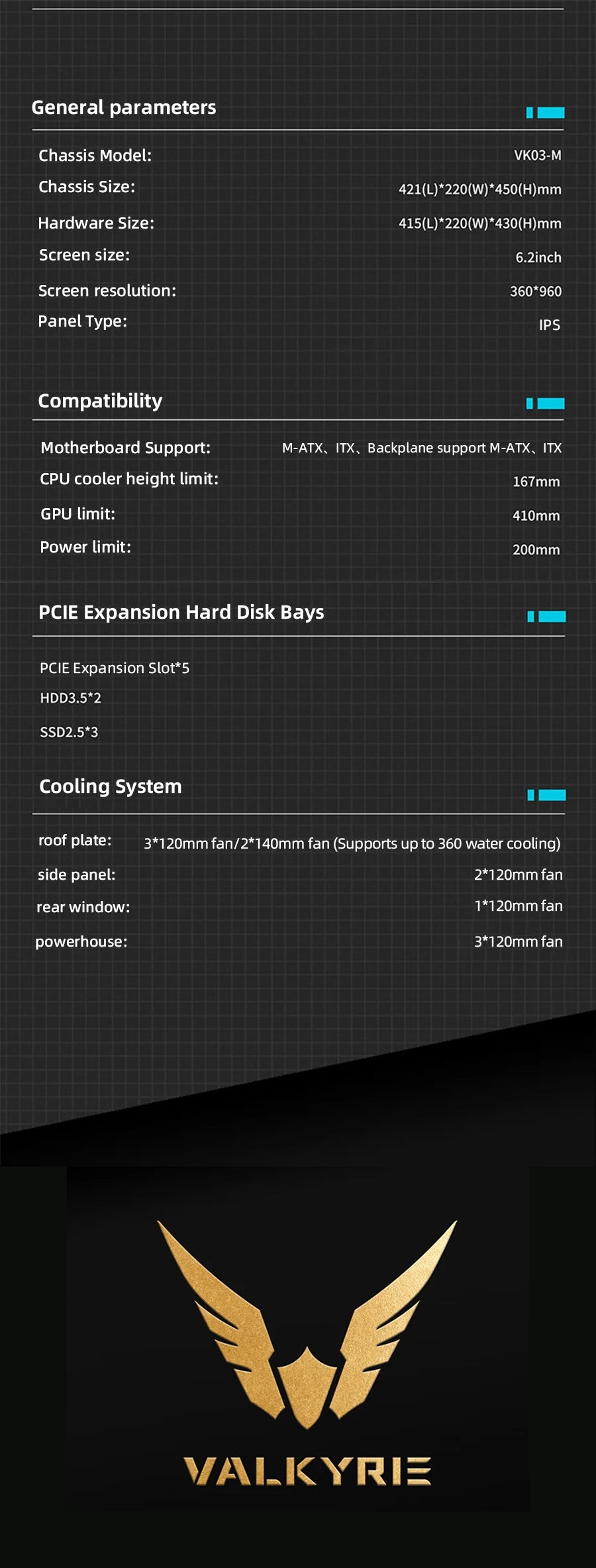 VALKYRIE M-ATX PC Case Gaming Desktop Case VK03-M LCD Supports 360 Water Cooling 6.2-inch Touchscreen Glass 270° Sea View Room