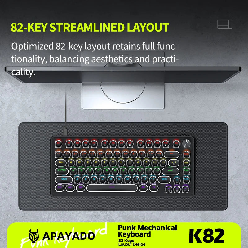 APAYADO K82 Wired Steampunk Mechanical Keyboard 75% Compact 82-Key Hot-Swappable RGB Retro Gaming Keyboard Multifunctional Knob