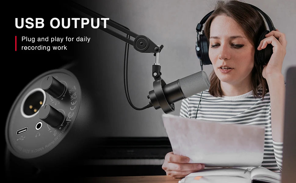 FIFINE Recording XLR Dynamic Microphone with Real-time Monitoring,USB Streaming Mic with Gain Knob/Touch-mute for PC,Mixer-K688