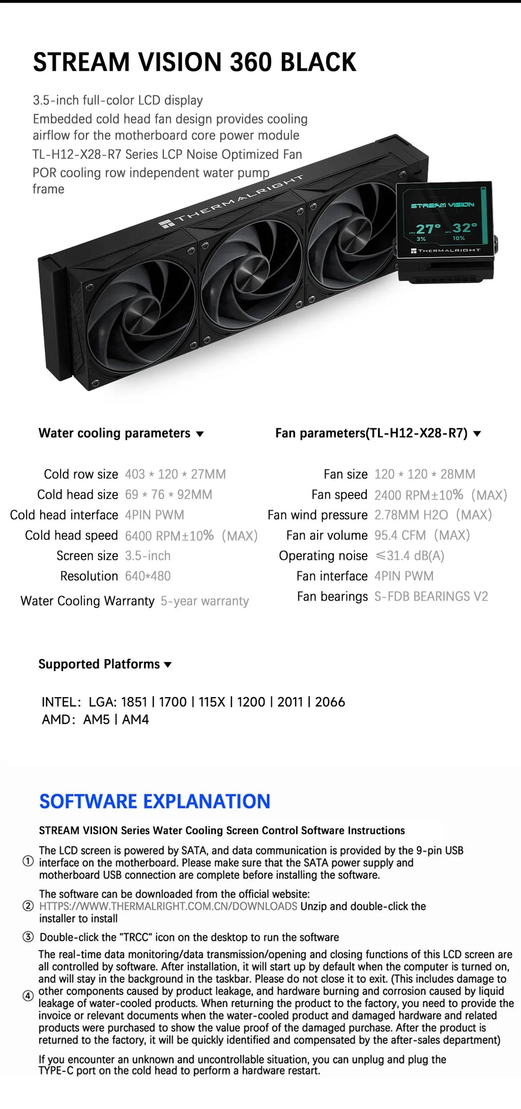 Thermalright STREAM VISION 360 360MM All-in-One Liquid Cooler Magnetic Cold Head Screen 3.5-inch IPS LCD display  Water Cooling