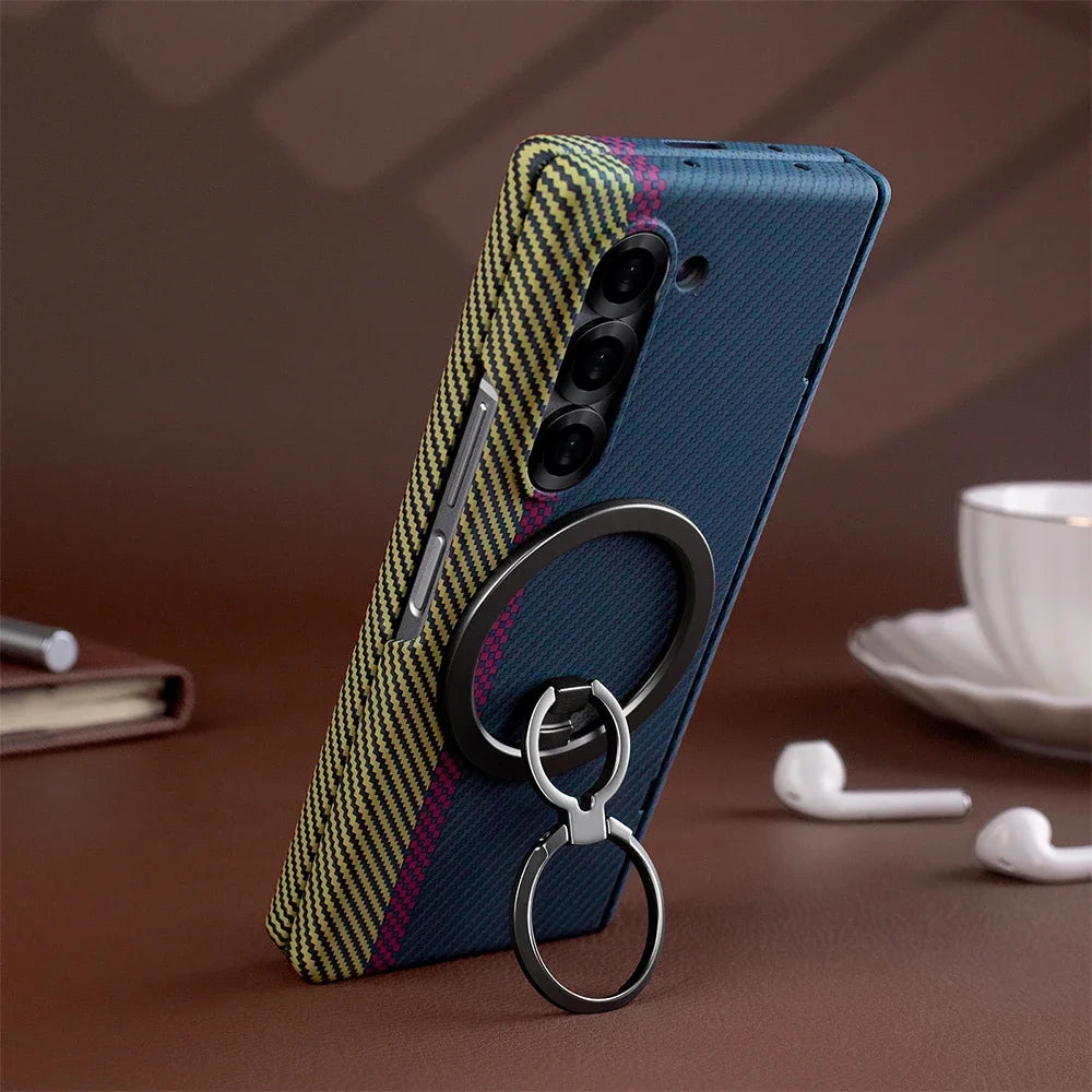 Carbon Fiber Magnetic Ring Holder Stand Case For Samsung Galaxy Z Fold 7 6 5 With Screen Glass Film Fold6 Hinge Protective Cover