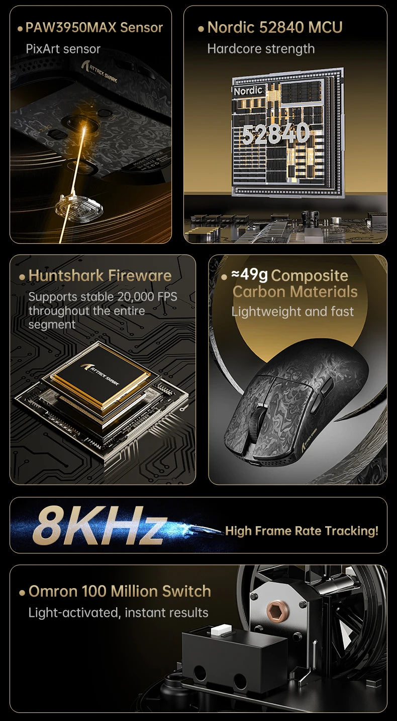 Wireless 8K Attack Shark R11 Ultra Gaming Mouse Carbon Fiber PAW3950MAX Sensor 42000DPI OMRON 100M Switch