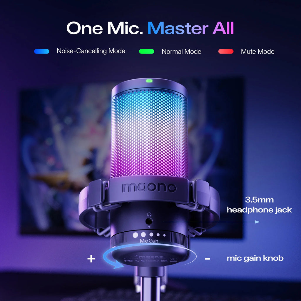 MAONO DGM20S Gaming Microphone USB Condenser Microphone with RGB Light Noise Cancellation Boom Arm for Live Streaming Podcast