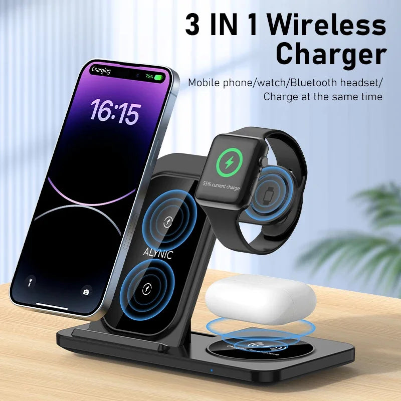 300W Fast Wireless Charger Stand Pad Foldable Fast Charging Station Dock for iPhone 16 15 14 13 12 Pro Max Apple Watch Airpods