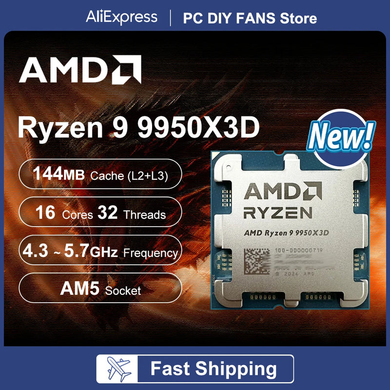 AMD R9 9950X3D New Ryzen 9 9950X3D Gaming CPU Process 5.7GHz 16-Core 32-Thread 144MB Game Cache TDP 170W For DDR5 5600/3600MHz