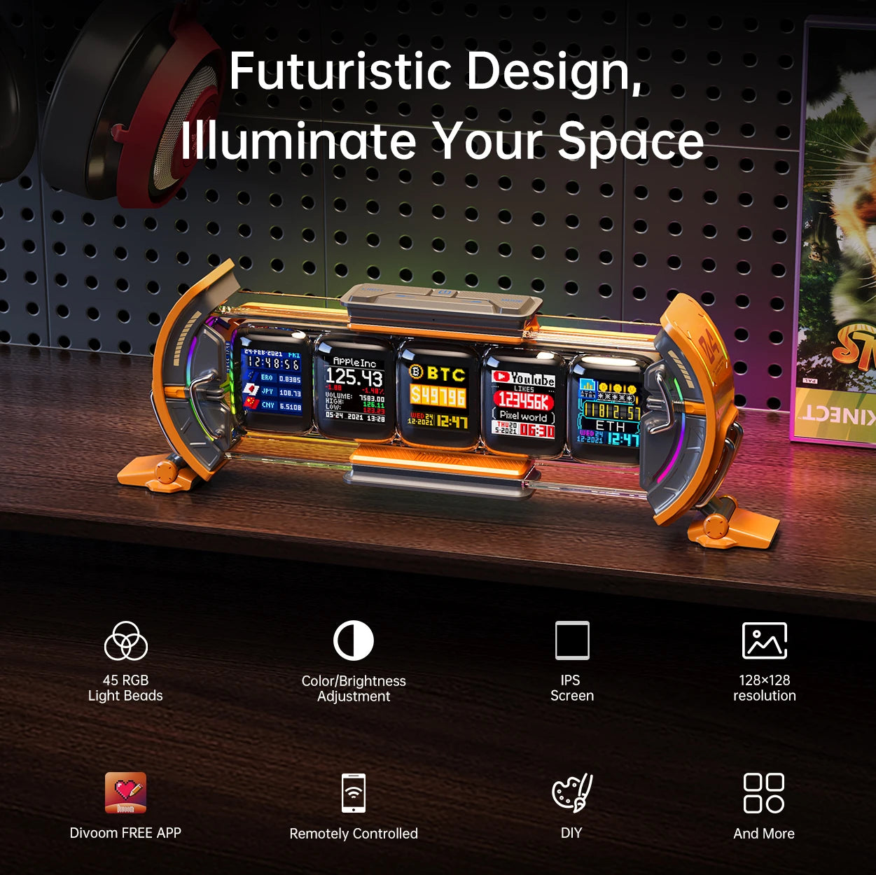 Divoom Times Gate Gaming Room Setup Digital Clock with Smart APP Control, WiFi Connect, RGB LED Display, Office Decor Cyberpunk